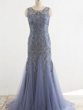 Stunning Lavender Tulle Beaded Lace Scoop Neck Sleeveless Mermaid Prom Dresses,PD00064