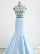 Stunning Pale Blue Beaded See Through Top Cap Sleeve Mermaid Prom Dresses,PD00066