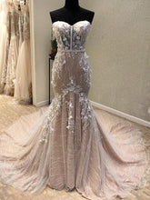 Stunning Pale Pink Strapless Lace Appliques Mermaid Prom Dress, Lace Up Back Evening Dress, PD00052