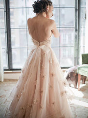 Romantic Floral Sweetheart Appliqued A-line Tulle Wedding Dress, AB0302