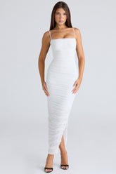 white gathered stretch mesh maxi dress