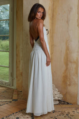 CAROLINA HALTER RUCHED MAXI DRESS - IVORY/BLACK POLKA