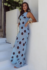 TERA HIGH NECK MAXI DRESS - SKY BLUE/CHOC POLKA