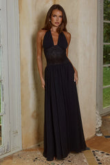 FERNANDA PLUNGE HALTER MAXI DRESS - BLACK