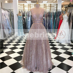 Sparkly Sequin V-neck Pink Sleeveless A-line Prom Dresses, PD00086