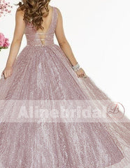 Sparkly Sequin V-neck Pink Sleeveless A-line Prom Dresses, PD00086