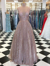 Sparkly Sequin V-neck Pink Sleeveless A-line Prom Dresses, PD00086