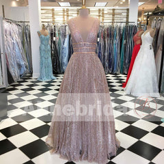Sparkly Sequin V-neck Pink Sleeveless A-line Prom Dresses, PD00086