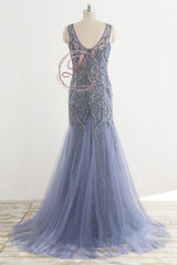 Stunning Lavender Tulle Beaded Lace Scoop Neck Sleeveless Mermaid Prom Dresses,PD00064
