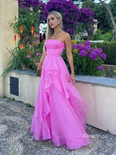 Elegant Strapless Ruffle Hot Pink Maxi Long A-line Tulle Prom Dress,Formal Dress, PD382270
