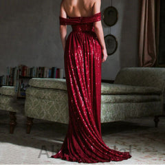 Sexy Burgundy Glitter Off Shoulder High Slit Prom Dress-Fitted Mermaid Evening Gown, PD3610