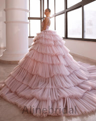 Gorgeous A-line V-neck Beaded Pink Tulle Gown, Tiered Ruffle Long Prom Dress, PD3616