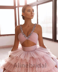 Gorgeous A-line V-neck Beaded Pink Tulle Gown, Tiered Ruffle Long Prom Dress, PD3616