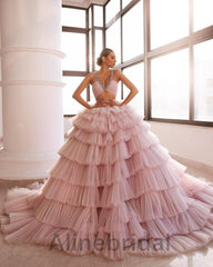 Gorgeous A-line V-neck Beaded Pink Tulle Gown, Tiered Ruffle Long Prom Dress, PD3616