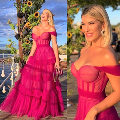 Sexy Fuchsia Off Shoulder Ruffles Tulle A-line Long Prom Dress-Tiered Evening Dress, PD3318