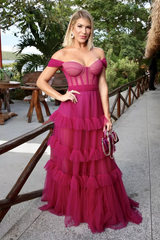 Sexy Fuchsia Off Shoulder Ruffles Tulle A-line Long Prom Dress-Tiered Evening Dress, PD3318