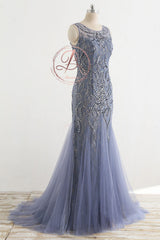 Stunning Lavender Tulle Beaded Lace Scoop Neck Sleeveless Mermaid Prom Dresses,PD00064