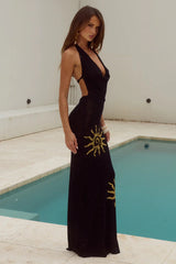 YASMINA PLUNGE COWL KNIT MAXI DRESS - BLACK