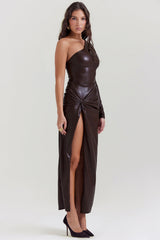 cocoa vegan leather maxi dress