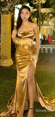 Stunning Gold Strapless Side Slit Pleated Corset Mermaid Long Prom Dress,PD38142