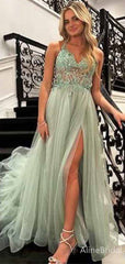 Elegant Green V-neck Lace Applique Side Slit A-line Long Tulle Prom Dress, PD38173