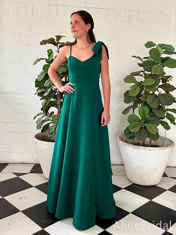 Elegant Green V-neck Spaghetti Strap A-line Long Prom Dress with Tie Shoulder,PD381763