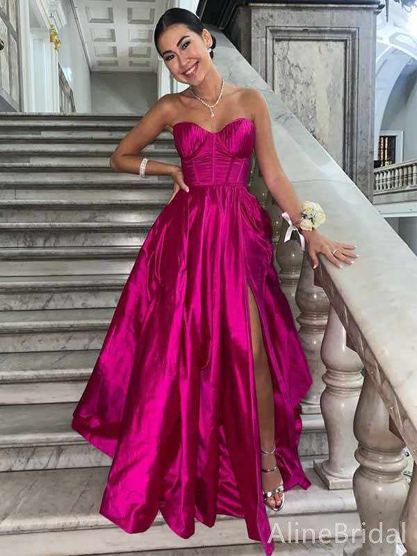 Gorgeous Sweetheart Strapless Hot Pink A-line Long Prom Dress with Slit, PD381768