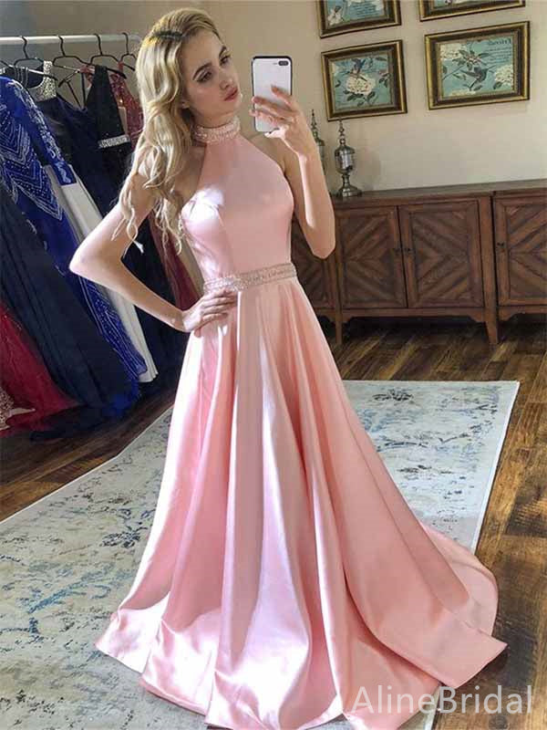 Elegant Pink Halter Beaded Backless A-line Long Prom Dress, Evening Dress, PD381773