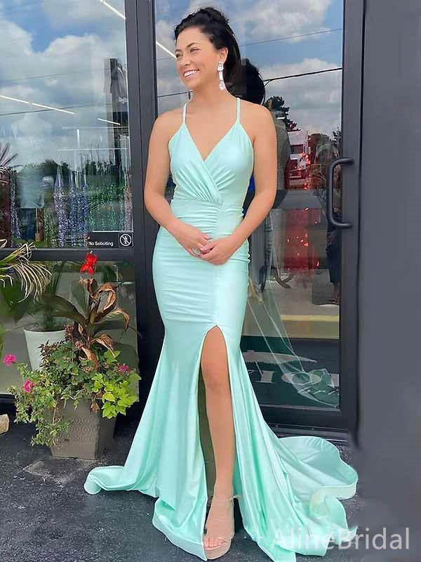 Sexy Aqua Blue V-neck Spaghetti Strap Mermaid Prom Dress with Slit, PD381783