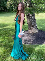 Sexy V-neck Spaghetti Strap Green Mermaid Long Prom Dress-Cut-Out Evening Dress, PD381804