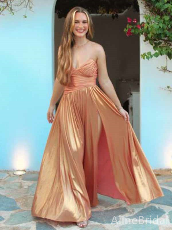 Elegant Rose Gold V-neck Strapless Pleated A-line Long Prom Dress with Slit, PD381859