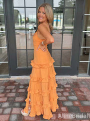 Elegant Orange V-neck Front Twist A-line Long Prom Dress, Evening Dress, PD381860