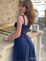 Elegant Dark Blue Sweetheart Corset A-line Long Prom Dress, Evening Dress, PD381899