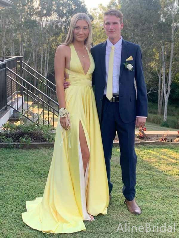 Gorgeous Yellow V-neck A-line Long Prom Dress with Slit, Evening Dress, PD381917