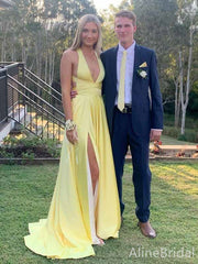 Gorgeous Yellow V-neck A-line Long Prom Dress with Slit, Evening Dress, PD381917