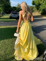Gorgeous Yellow V-neck A-line Long Prom Dress with Slit, Evening Dress, PD381917
