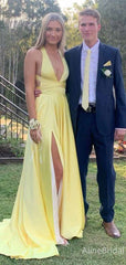 Gorgeous Yellow V-neck A-line Long Prom Dress with Slit, Evening Dress, PD381917