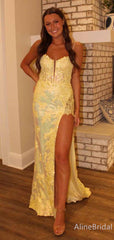 Gorgeous Yellow Lace Applique High Slit Long Mermaid Prom Dress, Evening Dress, PD381939