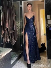 Sexy Navy Blue V-neck Lace-Up Mermaid Long Prom Dress with Slit, PD381954