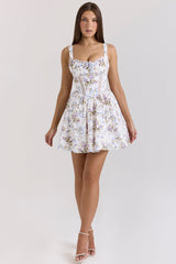 white floral ribbon print cotton mini dress