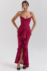 wine ruffled front gown