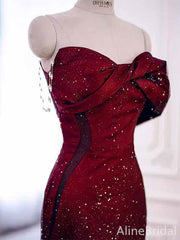 Gorgeous Burgundy Strapless Long Mermaid Black Tulle Prom Ball Gown with Striking Bow, PD381965