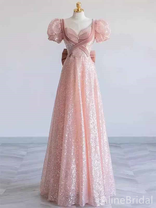 Sparkly Balletcore Pink V-neck Ruffles A-line Ball Gown with Bow, Evening Gown, PD381968