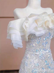 Sparkly Silver Sequins Off-the-Shoulder Strapless Long Mermaid Prom Dress, Evening Dress, PD381970