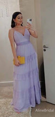 Elegant Purple V-neck Spaghetti Strap A-line Long Layered Tulle Prom Dress,PD381990