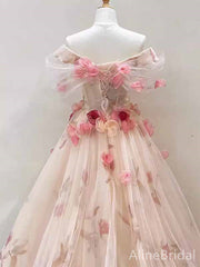Gorgeous Light Pink 3-D Floral V-neck Strapless Appliques A-line Long Tulle Prom Dress, PD381996