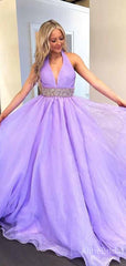 Gorgeous Purple V-neck Halter A-line Long Prom Dress, Evening Gown, PD382011
