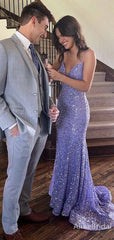 Sparkly Purple Sequins V-neck Long Mermaid Prom Dress, Evening Dress, PD382012
