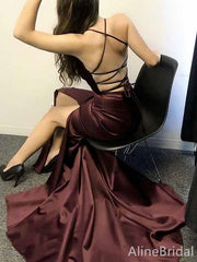 Sexy Burgundy V-neck Lace Up Side Slit Mermaid Long Prom Dress, PD382016