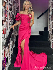 Elegant Hot Pink Off the Shoulder Mermaid Long Prom Dress with Slit, PD382020